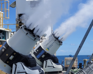 Marine cloud brightening generators release plumes of seawater.