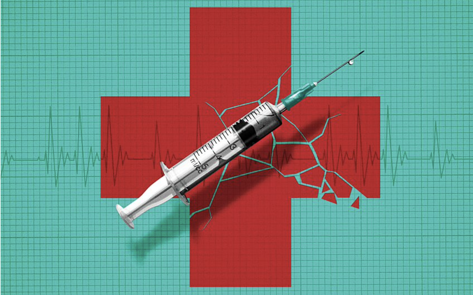 broken red cross over heart scan tape vaccine syringe