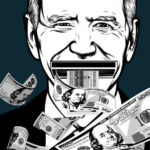 graphic of biden with cash slot for mouth and consuming lots of money