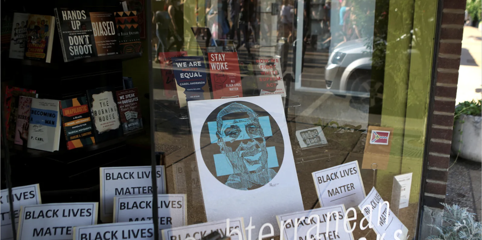 Pro ALA bookshopt with BLM signs in window