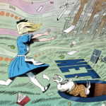 graphic art by KOZ- white rabbit and Alice jump into rabbit hole amid climate disaster