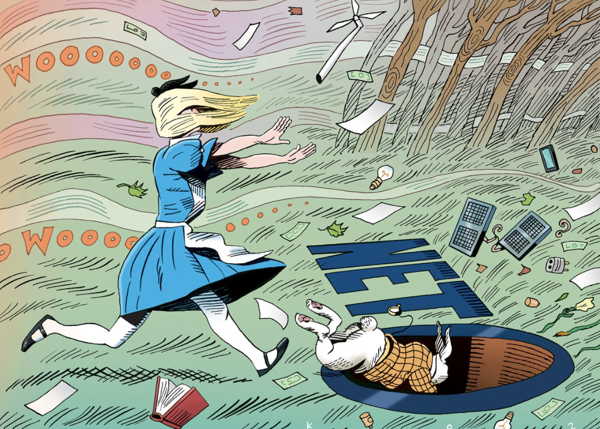 graphic art by KOZ- white rabbit and Alice jump into rabbit hole amid climate disaster