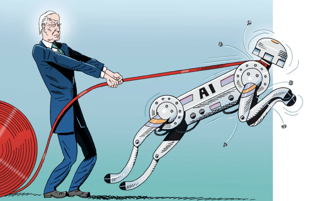 graphic image - biden with AI dog on leash by KOZ