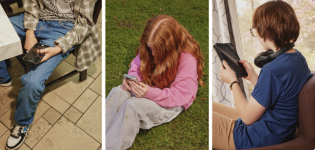 teens on their devices at the mall, park, and bedroom
