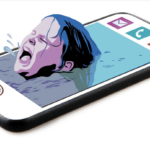 graphic image of smartphone with crying child coming out of screen