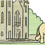 cartoon - elephant walking away from a church