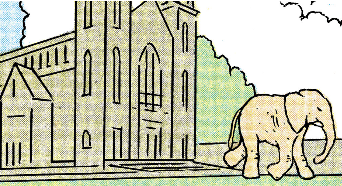 cartoon - elephant walking away from a church