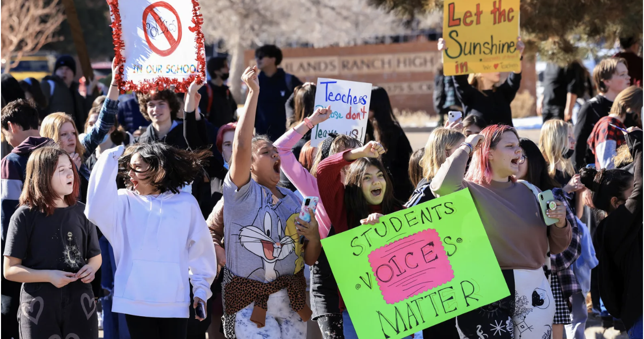 Highlands Ranch High School, CO - students walk out