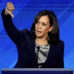 Then-senator Kamala Harris gestures at debatae