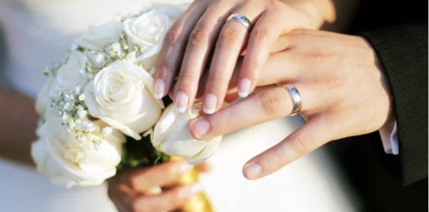 wedding - hands with rings on bouquet