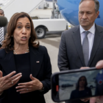 Kamala Harris speaks to the media next to her husband Douglas Emhof