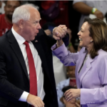 Kamala and Tim Walz with giddy smiles