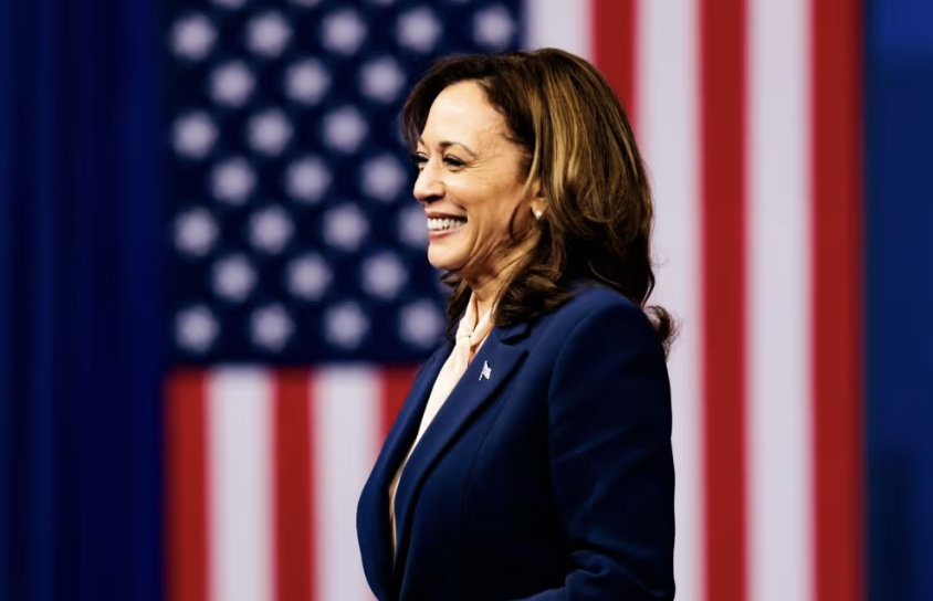 Kamala profile - US flag behind her