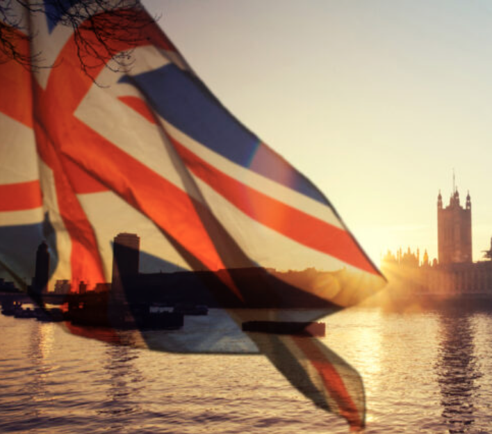 London across the Thames through a British flag