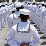 Navy sailors in rows stand at attention on ship deck