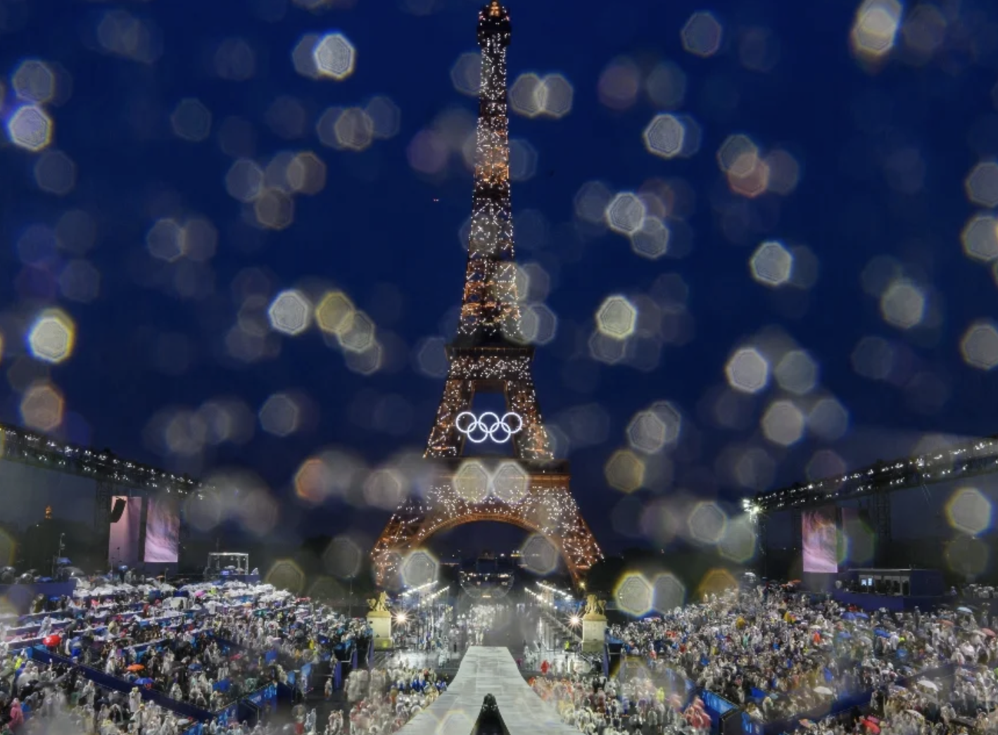 Olympic Opening Ceremony raindrops on camera lens - eiffel tower