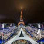 Olympics stadium with Eiffel tower in the back