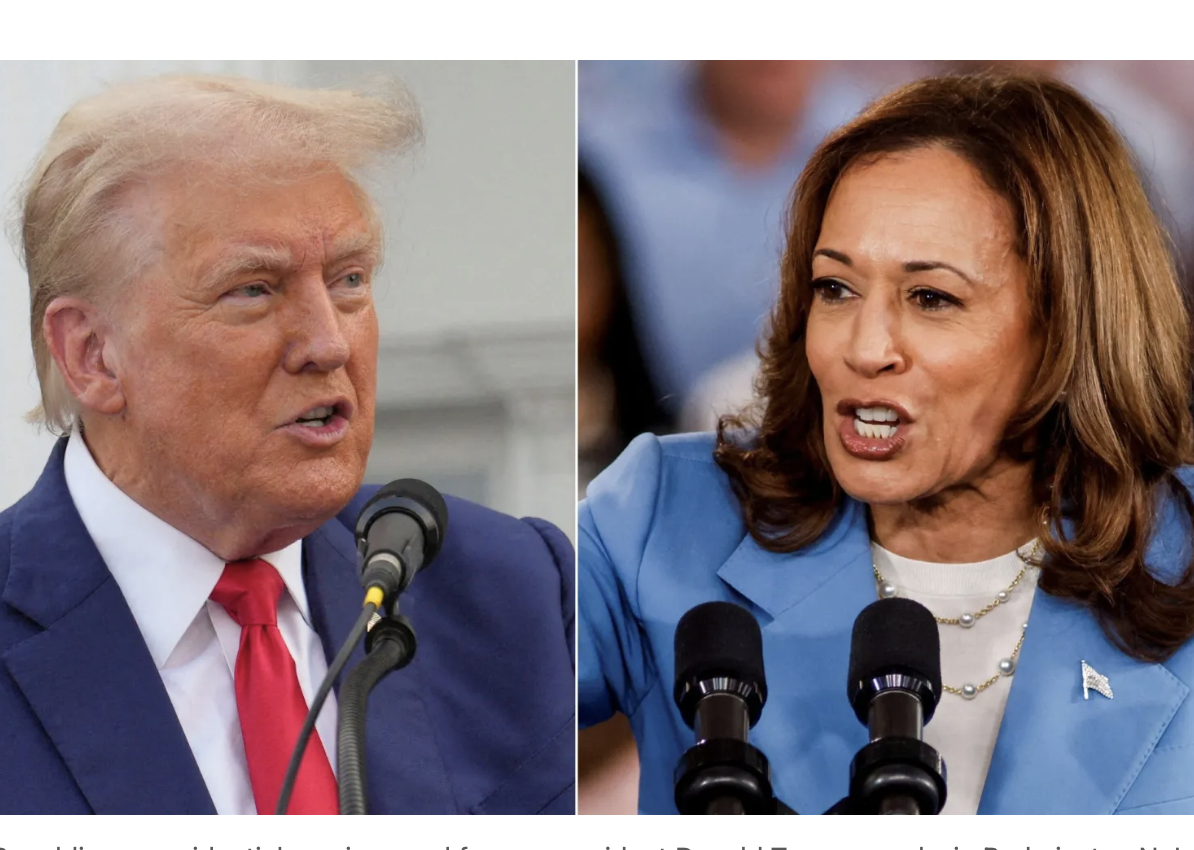 Side by side of Trump and Harris - both speaking