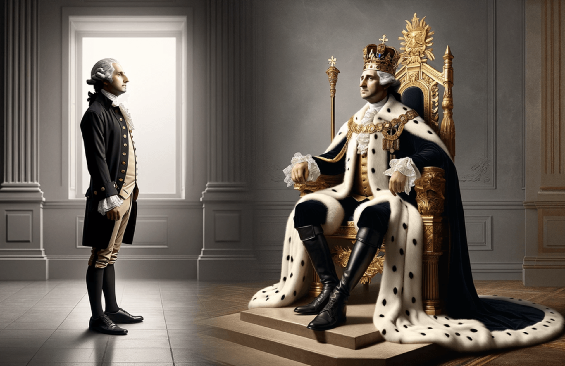 General George Washington stands in front of King George Washington