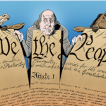 Graphic - two donkeys attempt to rip apart constitution, Ben Franklin struggles to hold it together