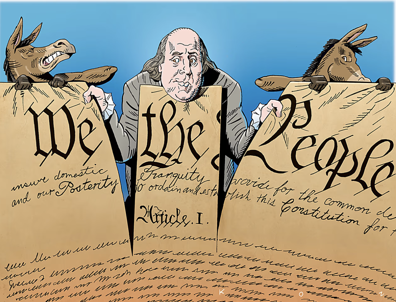 Graphic - two donkeys attempt to rip apart constitution, Ben Franklin struggles to hold it together