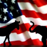 Waving US Flag with silhouette donkey and elephant