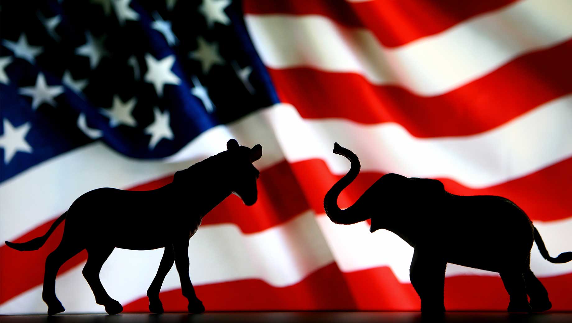 Waving US Flag with silhouette donkey and elephant