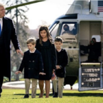 Donald Trump with grandchildren and Presidential helicopter