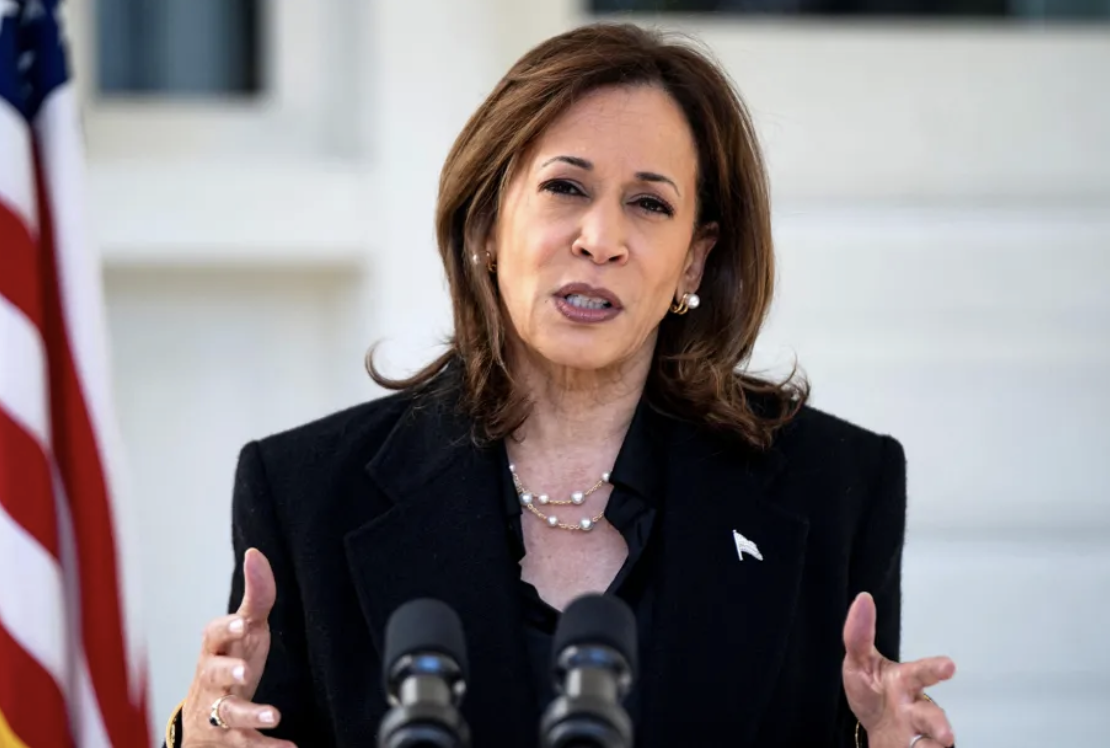 Vice President Kamala Harris speaks at the vice president's residence at the Naval Observatory