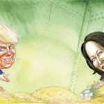 graphic of Trump and Harris dive into money - federal treasury