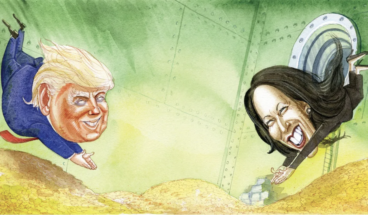 graphic of Trump and Harris dive into money - federal treasury