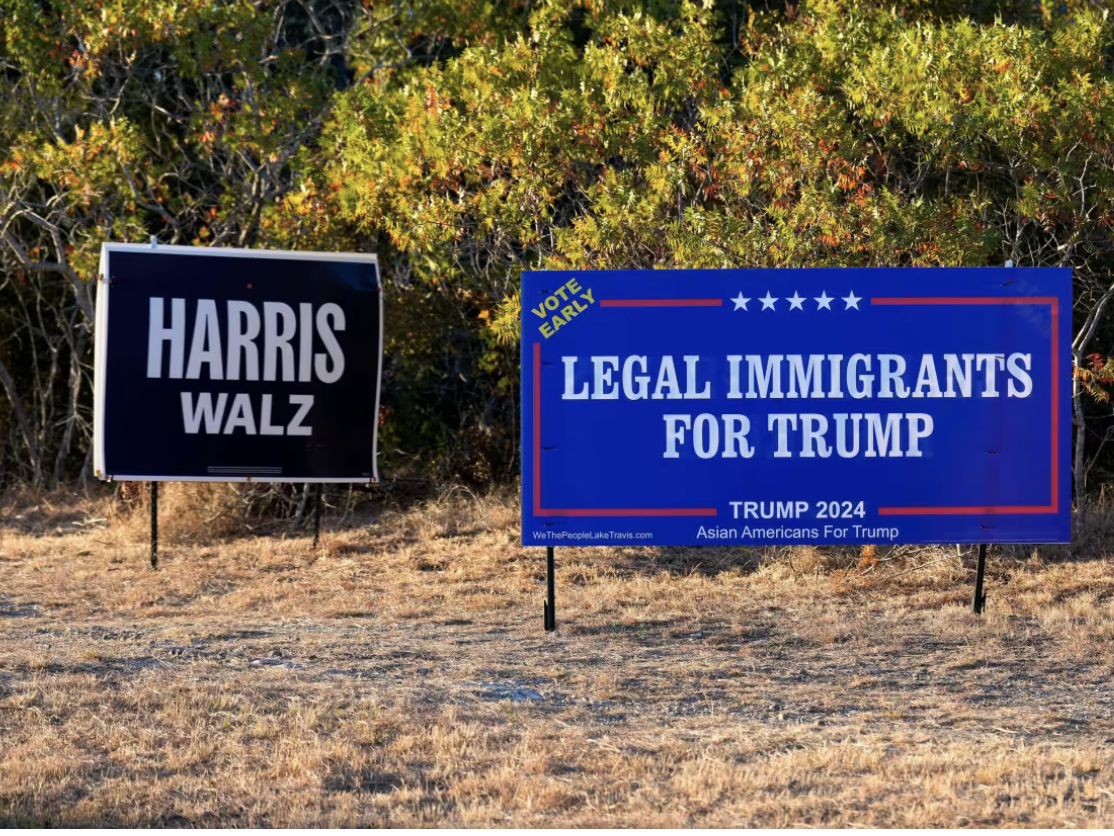 Political signs - Harris Walz and Legal Immigrants for Trump