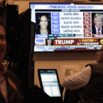 screenshot of TV on the floor of the NYSE displays election results