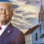 smug Trump with traditional white clapboard church