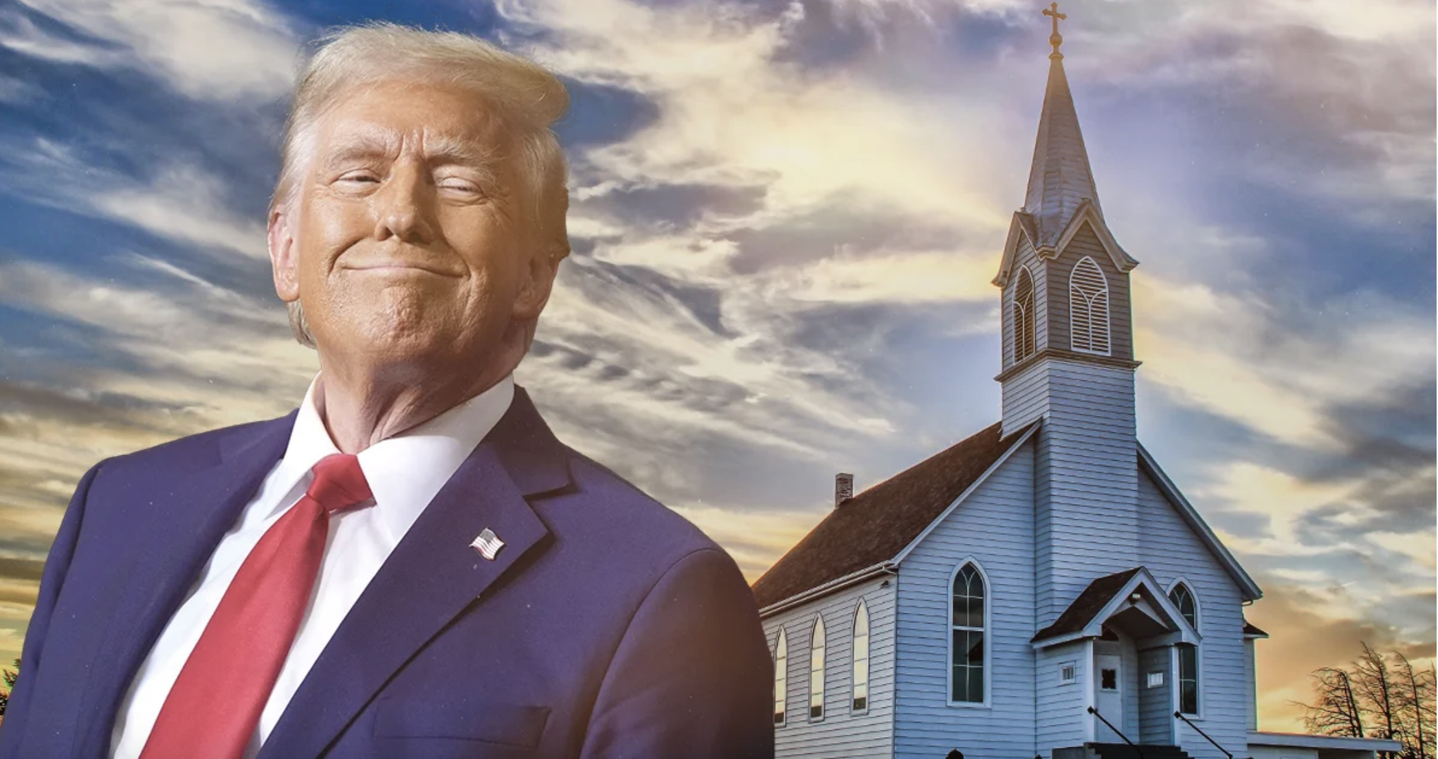 smug Trump with traditional white clapboard church