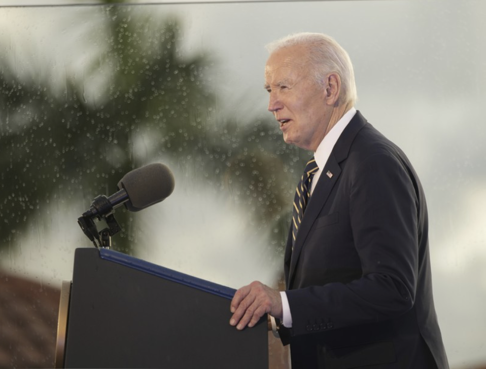 Biden at podium with rainy palm trees