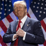 Smug smiling Trump infront of US flags