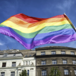 old building with pride flag