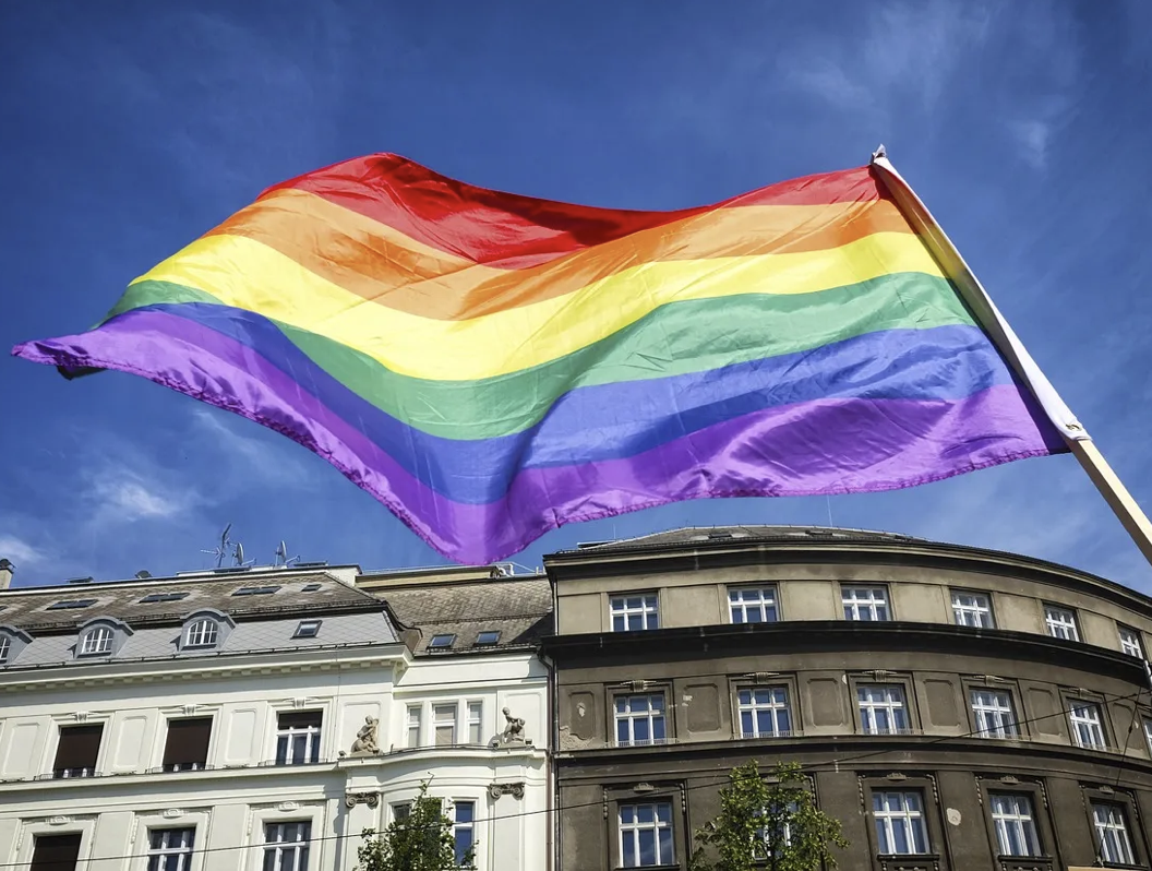 old building with pride flag