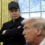 Elon Musk listens to President Donald Trump speak in the Oval Office on February 11