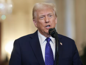 President Trump speaks at mic