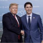 Trump shaking hands with Justin Trudeau