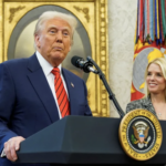 Trump speaks while Pam Bondi looks