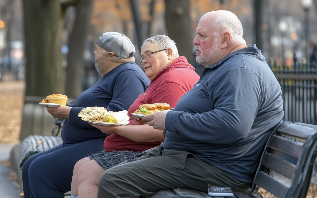 Obese People holding full plates on park bench.png