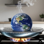 Globe of earth boiling on stovetop