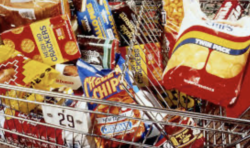 Grocery cart with unhealthy snacks and junk food