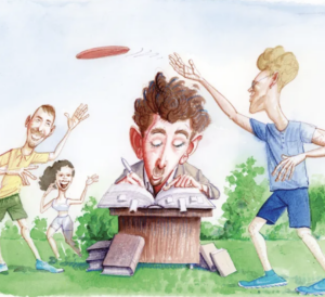 cartoon - professor working outside while students play