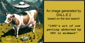 AI art of 1960s cow getting abducted by UFO in midwest