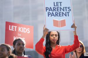 Demonstrators out side the Supreme. Court - Let parents parent, kids be kids