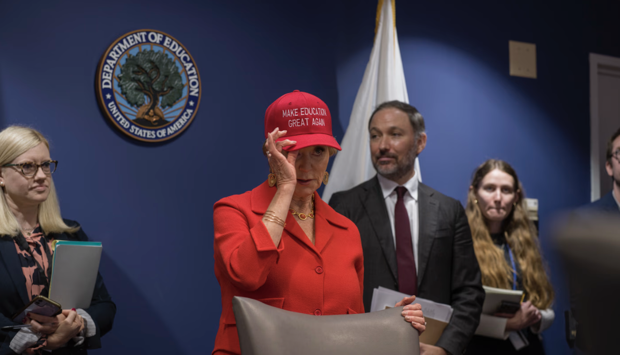 US Secretary of Education Linda McMahon wears MEGA hat - Make education great again